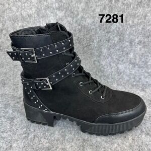 Black Studded Combat Boots Womens EU 39 US 8 Buckle Lug Sole Moto Ankle Spring